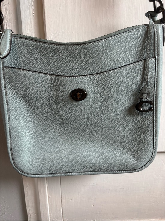 Coach Handbags - Coach Pebbled Leather Turnlock Crossbody in Pale Blue